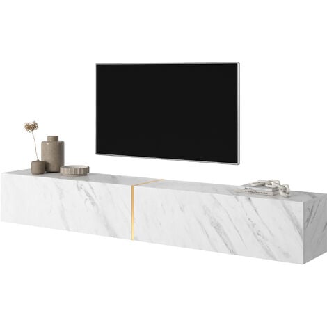 Selsey Bisira Mueble de TV blanco con aspecto de mármol e inserto dorado, 200 cm