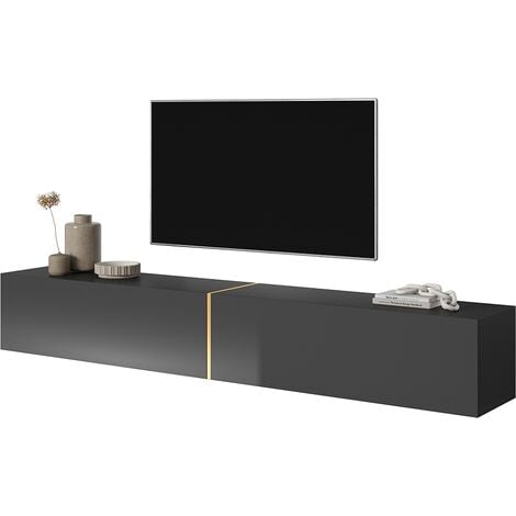 Selsey - BISIRA - TV-Lowboard TV-Möbel hängend - 200 cm (Schwarz mit goldenem Einsatz)