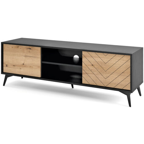 Selsey BOULIA - Meuble TV - 154 cm - noir/chêne Evoke motif à chevrons