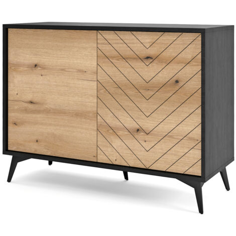 Selsey BOULIA - Sideboard 2-türig, Schwarz mit Fischgrätfronten in Eiche, 104 cm