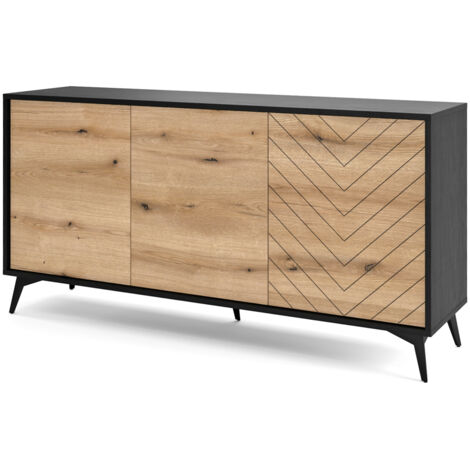 Selsey BOULIA - Sideboard 3-türig, Schwarz mit Fischgrätfronten in Eiche, 154 cm
