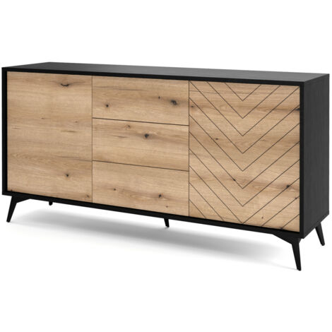 Selsey BOULIA - Sideboard mit 3 Schubladen, Schwarz mit Fischgrätfronten in Eiche, 154 cm