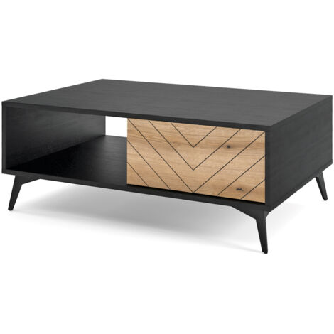 Selsey BOULIA -  Wohnzimmertisch Couchtisch mit Schublade, Schwarz / Eiche Evoke mit Fischgrätmuster, 68 x 104 cm