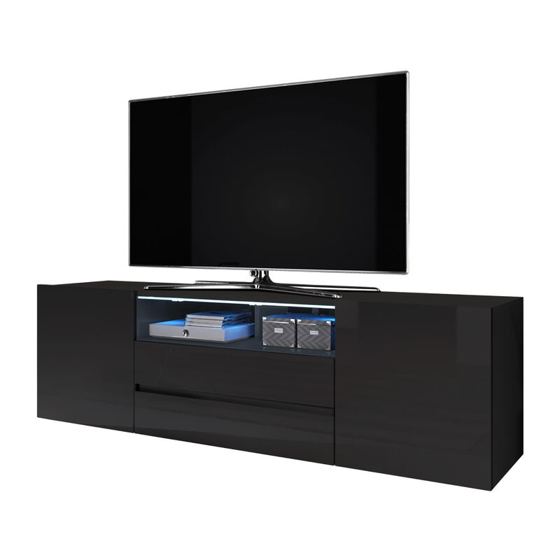 Selsey - BROS - Meuble tv / Banc tv (noir mat / noir brillant, 137 cm, avec LED)
