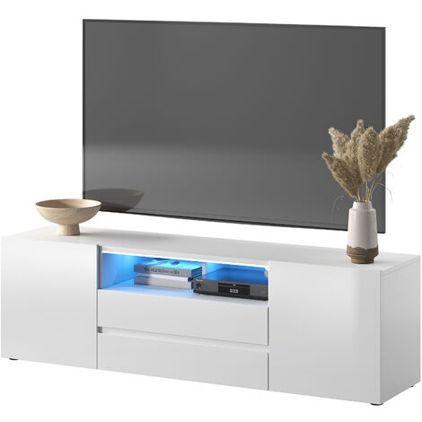Selsey BROS - Meuble TV - Blanc mat / Blanc brillant avec LED