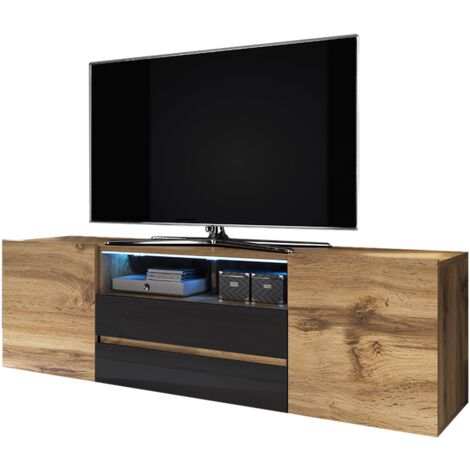 main image of "Selsey Bros - TV Stand - Wotan Oak / Black Gloss with LED Lighting"