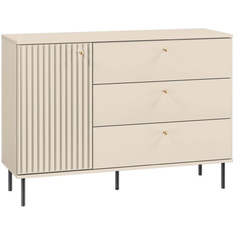 Selsey – Buffet 3 tiroirs 120 cm – Beige avec poignées dorées – Panneau stratifié et façades MDF – Fermeture douce et pieds métal noir