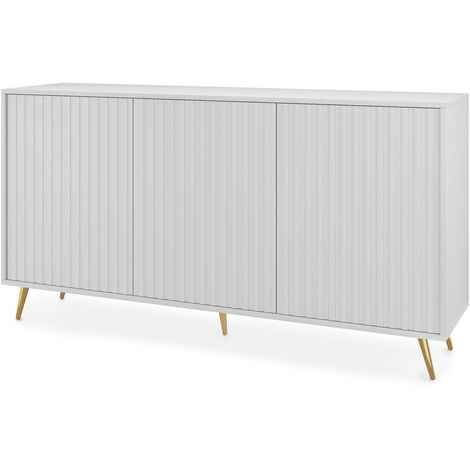 Selsey – Buffet avec façades à lamelles 154 cm – Blanc mat – Pieds dorés – Corps en panneau Kronospan – 6 niches de rangement