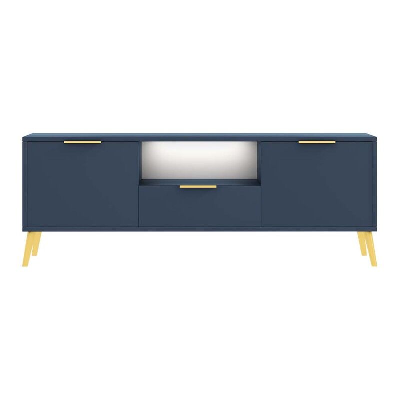 Selsey - CAVAZZO - Meuble TV - 3 compartiments - bleu marine / doré - avec LED - style moderne