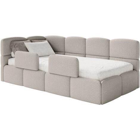 Selsey Cloudy – Jugendbett 90x200 cm, linksseitig, mit Bouclé-Bezug und Rausfallschutz, Greige