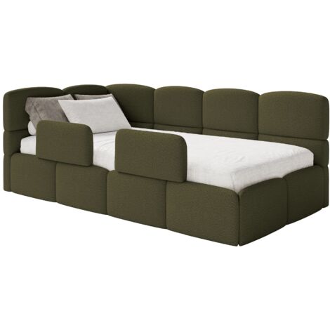 Selsey Cloudy – Jugendbett 90x200 cm, linksseitig, mit Bouclé-Bezug und Rausfallschutz, Olivgrün