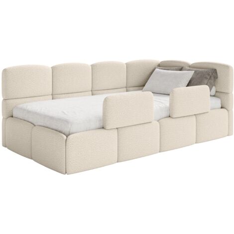 Selsey Cloudy – Jugendbett 90x200 cm, rechtsseitig, mit Bouclé-Bezug, Matratze und Rausfallschutz, Hellbeige