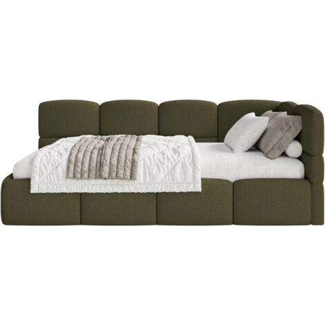 Selsey Cloudy – Jugendbett 90x200 cm, rechtsseitig mit Bouclé-Bezug, Olivgrün