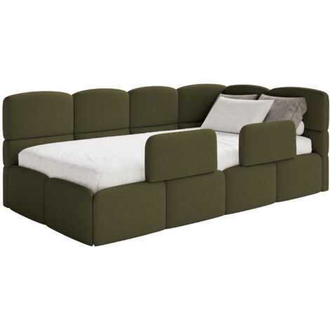 Selsey Cloudy – Jugendbett 90x200 cm, rechtsseitig, mit Bouclé-Bezug und Rausfallschutz, Olivgrün
