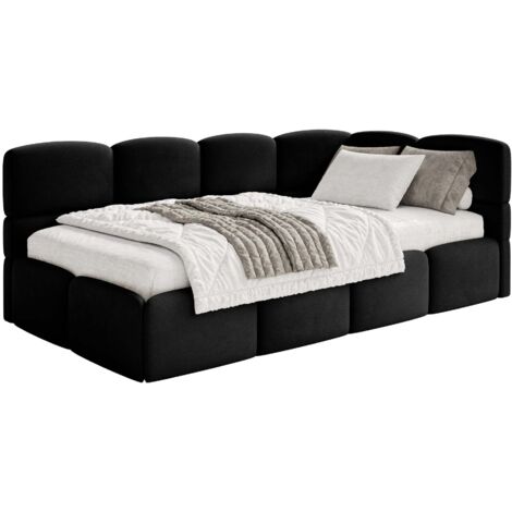 Selsey Cloudy – Lit simple 120x200 cm, tête de lit à droite, matelas & coffre de rangement, velours noir