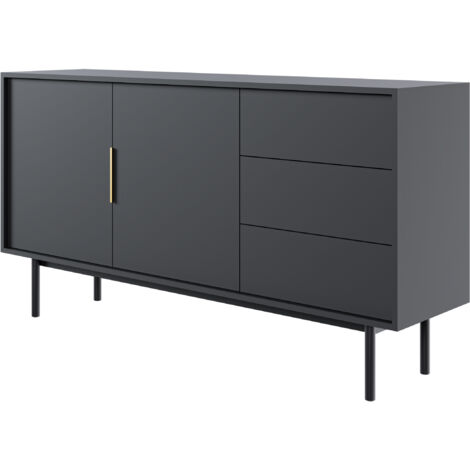 Selsey – Commode 154 cm avec 3 tiroirs – Panneau de particules mélaminé noir – Système de fermeture silencieuse – Pieds en bois massif
