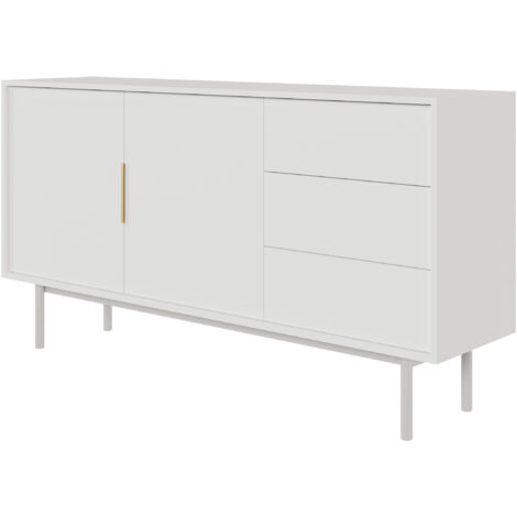Selsey – Commode blanche 154 cm avec 3 tiroirs – Panneau de particules mélaminé – Système de fermeture silencieuse – Pieds en bois massif