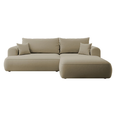 Selsey - Eckschlafsofa Ovo in L-Form aus beigem Velours mit einem Behälter aus pflegeleichtem Stoff, rechte Seite