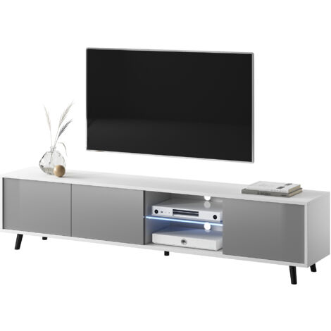 Selsey GALHAD - Meuble tv / Banc tv (blanc mat / gris brillant, 175 cm, éclairage LED)