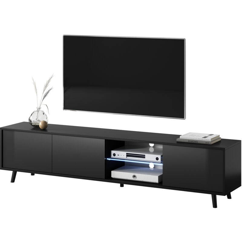 Selsey - GALHAD - Meuble tv / Banc tv (noir mat / noir brillant, 175 cm, éclairage LED)