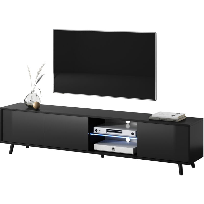 Galhad - Mobile tv in Stile Scandinavo / Tavolino tv Minimalista / Porta tv per Salotto / Luci led / 175 cm ( Nero Opaco / Nero Lucido) - Selsey