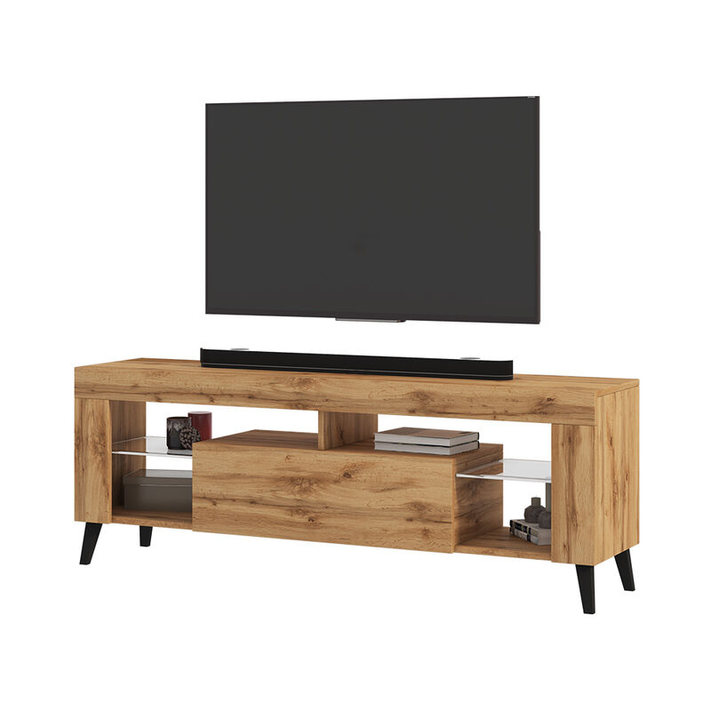 Selsey - HugoB – TV-Lowboard, modernes TV-Sideboard mit Füßen und Glaseinlegeböden, 140 cm (Lancaster Eiche Matt, ohne LED)