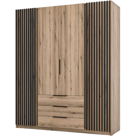 Selsey Kaja - Kleiderschrank 4-türig mit Lamellen & 3 Schubladen, 200 cm, Eiche Evoke
