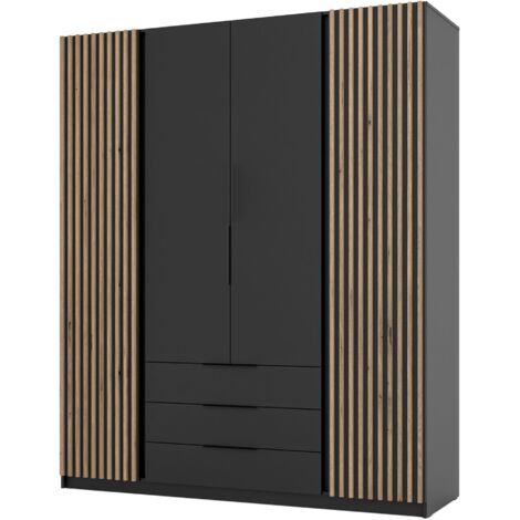 Selsey Kaja - Kleiderschrank 4-türig mit Lamellen & 3 Schubladen, 200 cm, schwarz