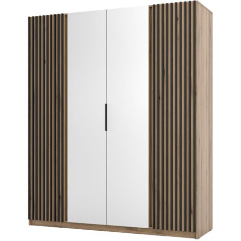 Selsey Kaja - Kleiderschrank 4-türig mit seitlichen Lamellen & Spiegel, 200 cm, Eiche Evoke