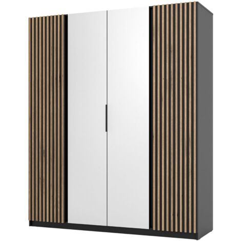 Selsey Kaja - Kleiderschrank 4-türig mit seitlichen Lamellen & Spiegel, 200 cm, schwarz