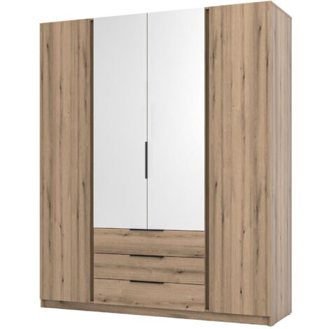 Selsey Kaja - Kleiderschrank 4-türig mit Spiegel & 3 Schubladen, 200 cm, Eiche Evoke