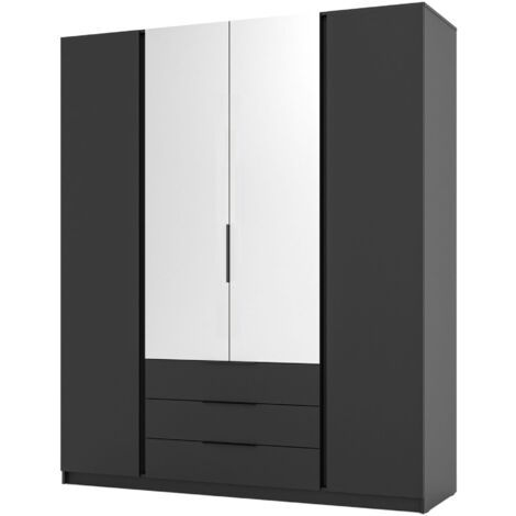 Selsey Kaja - Kleiderschrank 4-türig mit Spiegel & 3 Schubladen, 200 cm, schwarz