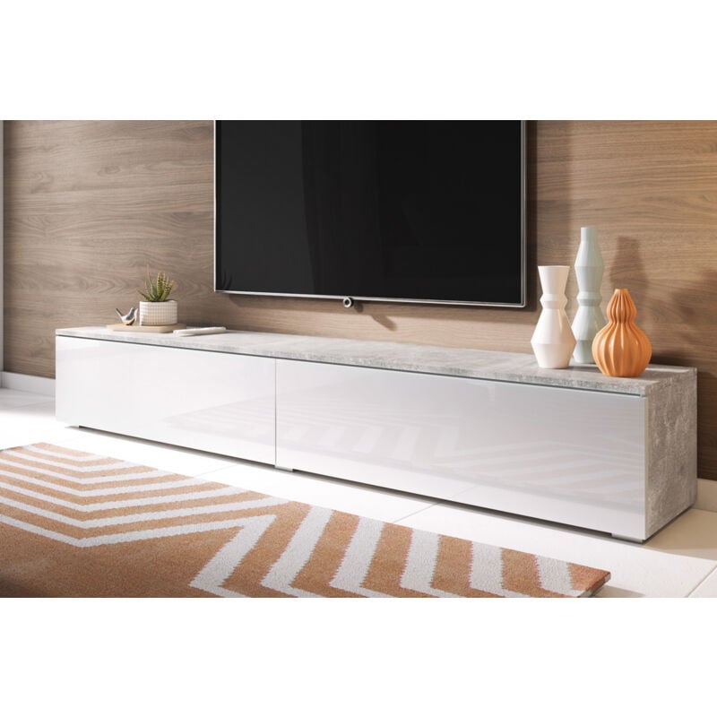 Selsey KANE - Meuble TV - 180 cm - Béton / Blanc Brillant - sans LED