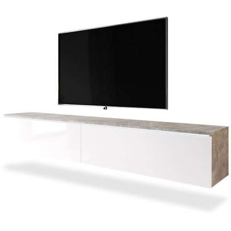 Selsey Kane - Mueble de TV de pie / colgante - 180 cm - hormigón / blanco brillo - con iluminación LED - moderno