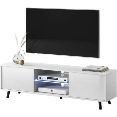 Selsey LEFYR – Fernsehschrank / modernes TV-Board mit Füßen und LED, 140 cm breit (Weiß Matt / Weiß Hochglanz)
