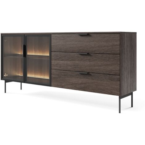 Selsey Lumi - Sideboard 2-türig mit Glasfronten, 3 Schubladen und LED, Eiche Dunin, 181 cm