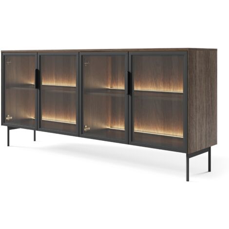 Selsey Lumi - Sideboard 4-türig mit Glasfronten und LED, Eiche Dunin, 181 cm