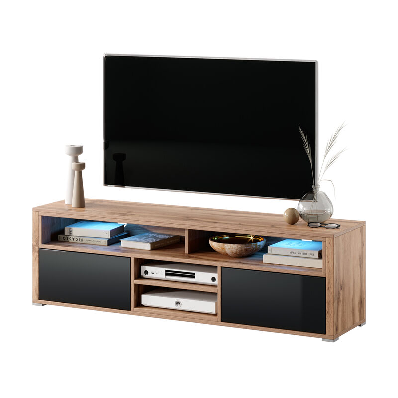 Selsey - LAKSA - Meuble TV / Banc TV (chêne wotan / noir brillant, 137 cm, avec LED)