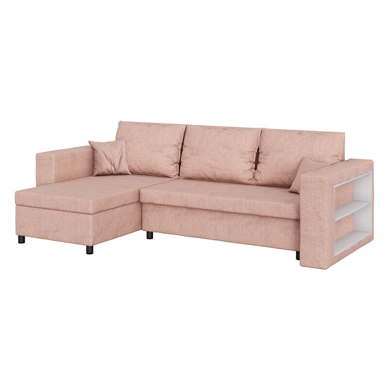 Selsey - MERIEN - Ecksofa / Schlafcouch mit Ottomane, Bettkasten und integriertem Regal, 230 cm breit (Hellrosa)