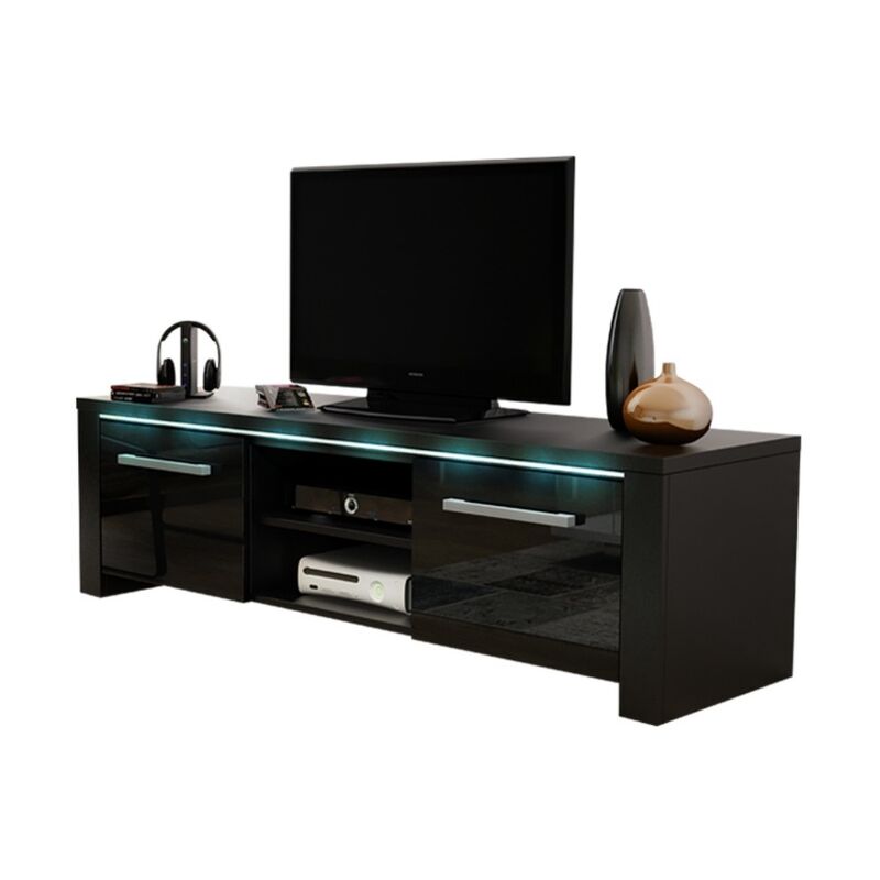 Selsey - MESSA - Meuble tv / Banc tv - Noir mat / Noir brillant, Avec LED bleu - design moderne