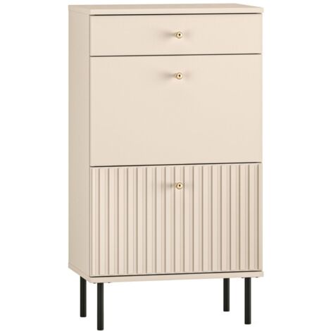 Selsey – Meuble à chaussures 55 cm avec tiroir – 4 étagères – Stratifié et métal – Finition mate beige – Poignées dorées décoratives