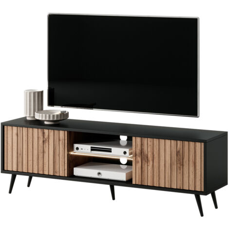 Selsey – Meuble TV 135 cm noir/chêne wotan avec éclairage LED – Façades à lamelles – Panneau stratifié résistant à l'humidité – Pour téléviseurs jusqu'à 55"