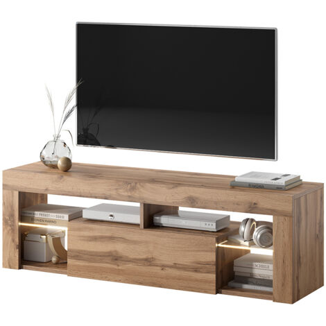 Selsey – Meuble TV 140 cm avec éclairage LED – Panneaux de particules mélaminées – 4 niches ouvertes et 1 compartiment fermé – Compatible jusqu'à 55 pouces