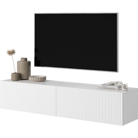 Selsey – Meuble TV 140 cm blanc avec façade biseautée – Corps en panneau stratifié résistant – Rangement avec 2 armoires – Plateau large pour objets déco