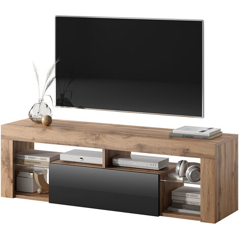 Selsey – Meuble TV 140 cm en panneaux mélaminés – Finition chêne lancaster et noir brillant – 4 niches ouvertes et compartiment fermé – Pour écran jusqu'à 55 pouces