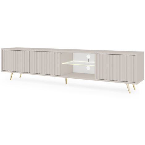 Selsey – Meuble TV 175 cm avec façades à lamelles taupe – Éclairage LED intégré – Corps en panneau stratifié résistant – Supporte jusqu'à 70 pouces