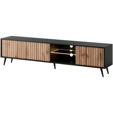 Selsey – Meuble TV debout 175 cm – Façades à lamelles en MDF noir et chêne wotan – Étagères fermées et ouvertes – Éclairage LED intégré