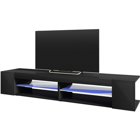 Selsey – Meuble TV 180 cm noir mat et brillant – Éclairage LED bleu – Étagères en verre – Design contemporain pour salon moderne