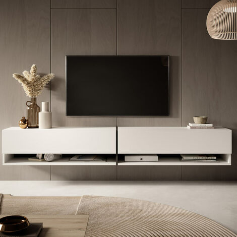 Selsey – Meuble TV 200 cm blanc avec insert bleu marine – Panneau stratifié résistant à l'humidité – 2 armoires verrouillables – Étagères ouvertes