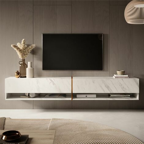 Selsey – Meuble TV 200 cm marbre blanc avec insert doré – Panneau stratifié résistant à l'humidité – 2 armoires verrouillables et 2 étagères ouvertes